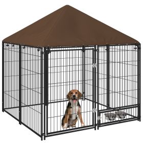 Outside Dog Kennel, 4.6' x 4.6' x 5' Puppy Play Pen with Canopy, Garden Playpen Fence Crate Enclosure Cage Rotating Bowl, for Dogs, Chickens, Du