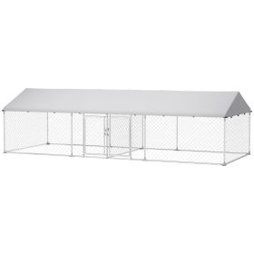 Two Room Outdoor Dog Kennel, Dog Run with Roof, Waterproof UV-Resistant Cover, Secure Lock, 19.7' x 7.5' x 5.2'