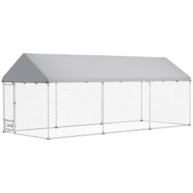 Outdoor Dog Kennel w/ Adjustable & Rotatable Bowl Rack, Waterproof UV-Resistant Cover, Secure Lock, 19.7' x 7.5' x 7.5'