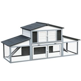 89"L Outdoor Rabbit Hutch, Guinea Pig Cage Indoor Outdoor Wooden Bunny Hutch with Double Runs, Weatherproof Roof, Removable Tray, Ramps, Gray