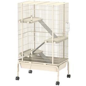 47" Small Animal Cage, 4 Levels Large Rolling Metal Ferret Cage w/ 5.9" Deep Tray, Ramps, Water Bottle, Food Dish, Beige