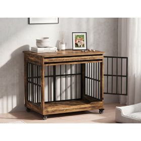 38in  Dog Crate Furniture, Double Door Wooden Indoor Dog Kennel Furniture, Decorative Pet Cage End Table With Wheels For Large And Medium Breed D (Option: Rustic Brown)