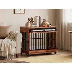 38in  Dog Crate Furniture, Double Door Wooden Indoor Dog Kennel Furniture, Decorative Pet Cage End Table With Wheels For Large And Medium Breed D (Option: Brown)